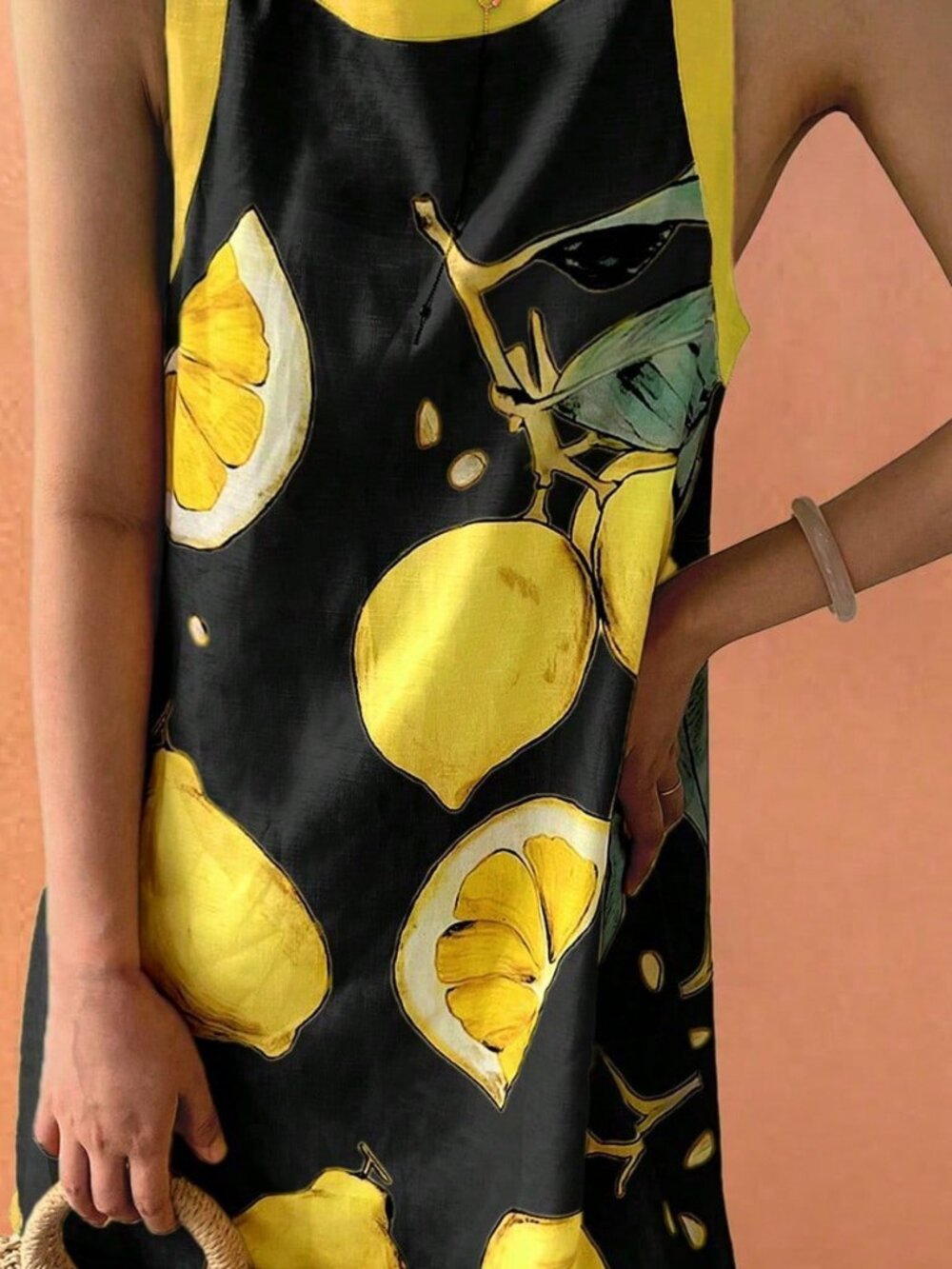 Black Vintage Women's Elegant Sleeveless Dress Beach Colorblock Lemon Leaf Print - Picture 3 of 5